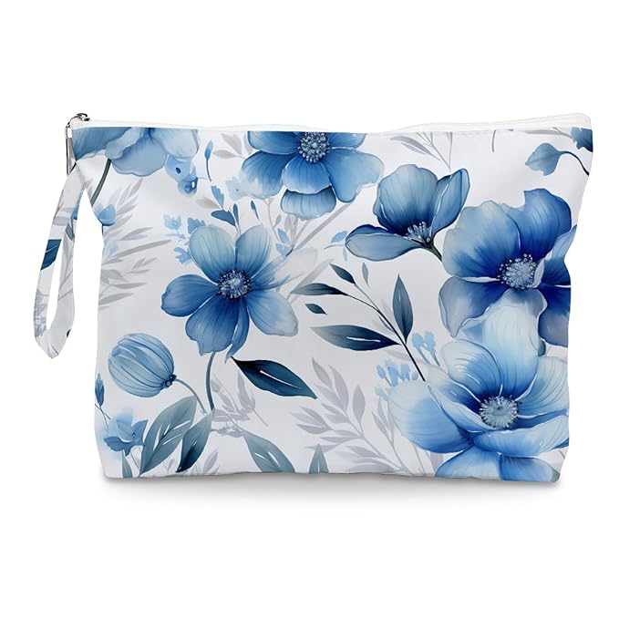 Fokongna Floral Print Wet Bag, Small Portable Waterproof Multi-Functional Organizer for Women, Blue Ink Wash Floral, Ideal for Daily, Beach & Travel