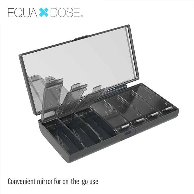 EQUADOSE Weekly Pill Case, 7-Day Medicine Organizer with Mirror, Compact Vitamin Storage Box, Travel-Friendly Pill Planner, 7 Individual Compartments for Supplements, Tablets, and Medications, Black