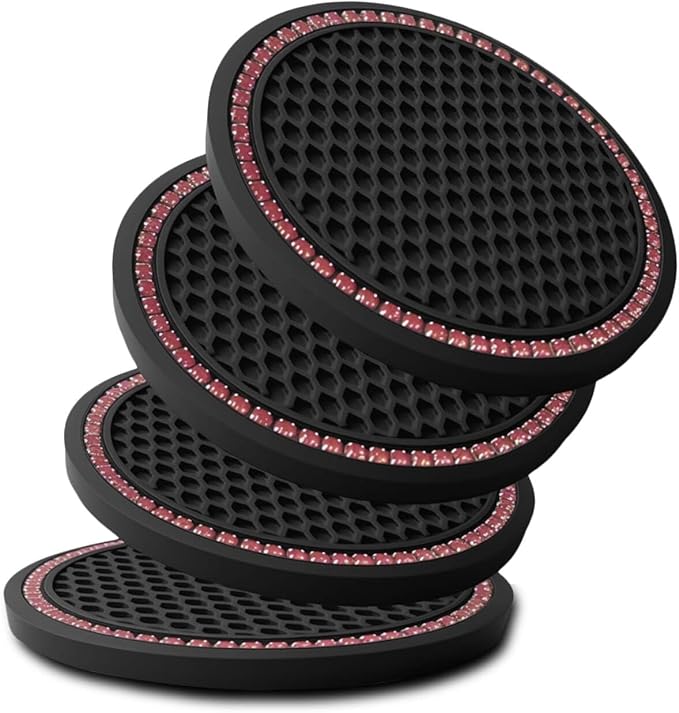 Car Cup Holder Coaster 4 Pack - Non Slip & Shockproof,Flexible PVC Rubber Insert for Car/Truck/SUV/Van (2.75"x0.2") Universal Fit Auto Cup Holders Accessories (Diamond Cup Coaster Pink)