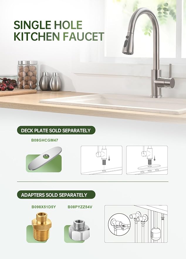 Kitchen Faucet with Pull Down Sprayer, VFAUOSIT Lead-Free Kitchen Sink Faucet Brushed Nickel Stainless Steel High Arc Pull Out Single Hole Kitchen Faucets for Pot Filler, Farmhouse RV Bar Laundry Room