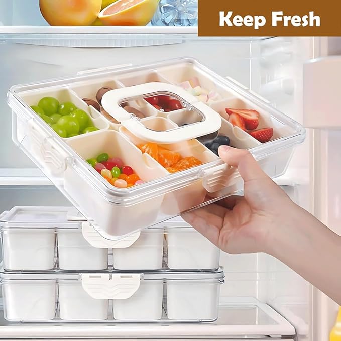 Divided Snackle Box Container-8 Compartment Snack Tray with Lid & Handle,BPA Free Stackable Snack Organizer for Fruits,Veggies,Candy,Reusable Airtight Food Storage for Fridge, Travel, Picnic, Party