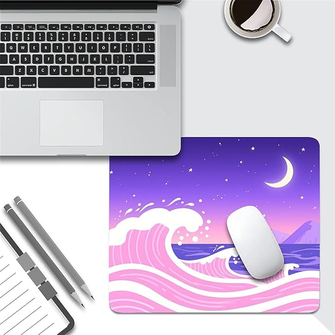 Square Mouse Pad Pink and Purple Waves, Personalized Premium-Textured Custom Mouse Mat Design, Washable Mousepad Cloth, Non-Slip Rubber Base Computer Mouse Pads Moon for Wireless Mouse
