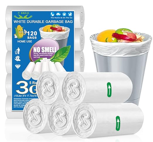OKKEAI 3 Gallon Small Trash Bags 120 Counts White Garbage Bags Small Bathroom Trash Can Bags 10L Wastebasket Liners for Home Office Kitchen, White, fit 10L-15L Cans