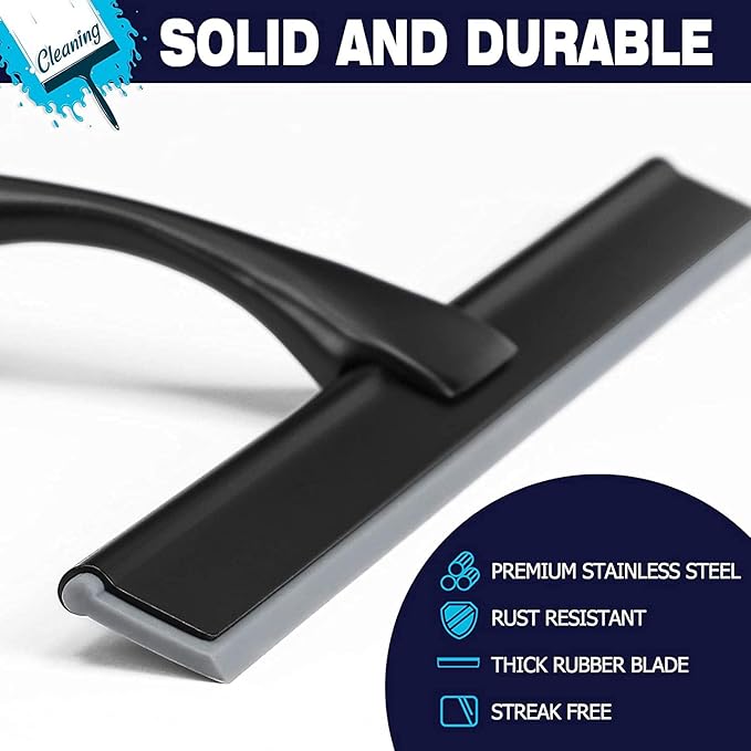 NETANY Shower Squeegee, 12-Inch Matte Black Squeegee, All-Purpose Stainless Steel Squeegee for Bathroom, Shower Doors, Mirrors, Tiles and Car Windows - 100% Streak Free