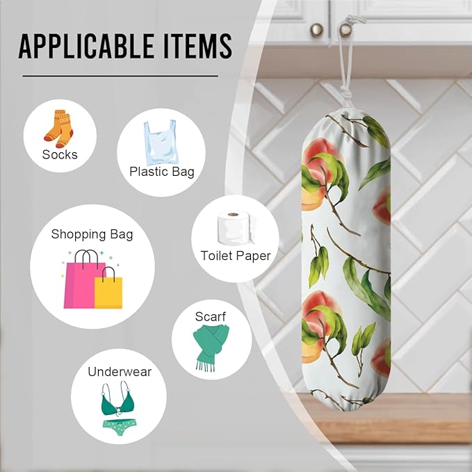 Peach Plastic Bag Holder, Canvas Grocery Bags Organizer for Home Kitchen Pantry, Plastic Bags Storage Container Dispensers, Home Kitchens Decor Gifts, Kitchen Pattern Garbage Bag 49