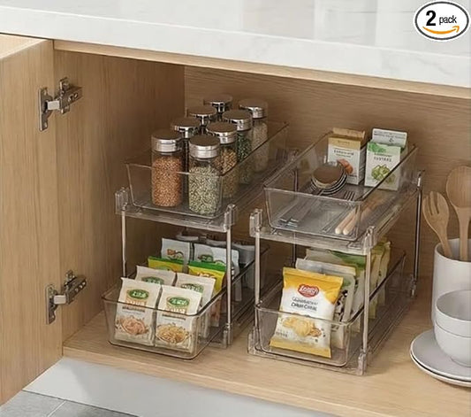 2 Pack Clear Under Sink Organizers, Pull Out Cabinet Organizer,2 Tier Bathroom Storage Organizer,Cabinet Drawers Organization Bins with Track for Kitchen,Pantry,Fridge,Vanity
