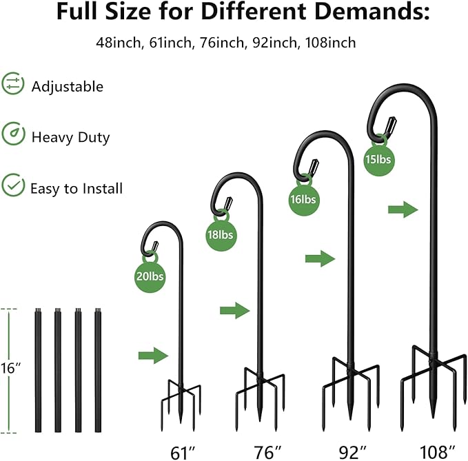 Pvifvi Shepherds Hooks for Outdoor Heavy Duty, 92 Inch Adjustable Bird Feeder Pole with 5 Prong Base, Hummingbird Feeder Stand and Plant Hanger for Garden, Lanterns & Wind Chimes