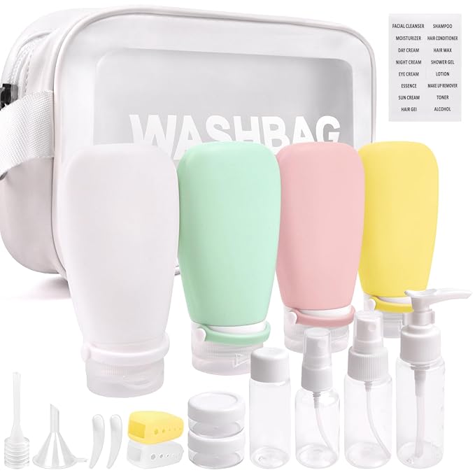 18 Pcs Travel Bottles Set for Toiletries, TSA Approved Travel Size Containers with Bandage Silicone Squeezable for Shampoo Conditioner Lotion Body Wash (Multicolour+White Bag)