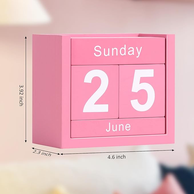 Wooden Block Calendar for Desk, Daily Desktop Perpetual Desk Calendar, Cute Date Display Blocks Desk Accessory for Home Office Decor, Teacher, Classroom, Reusable Yearly, Pink