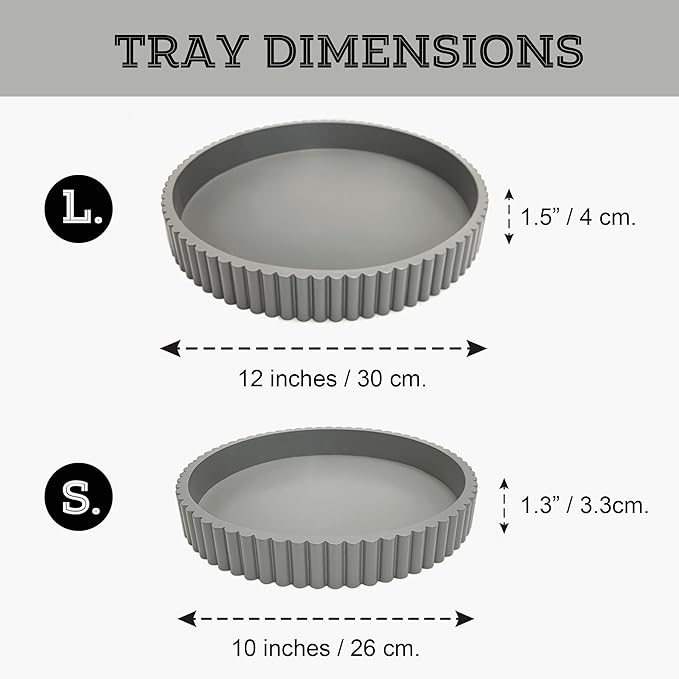 Modern Table Round Decorative Trays 2pcs Home Decor - Circle Coffee Table Centerpiece Set 12"/10" - Wooden Cool Grey Ottoman Tray with Fluted Edge