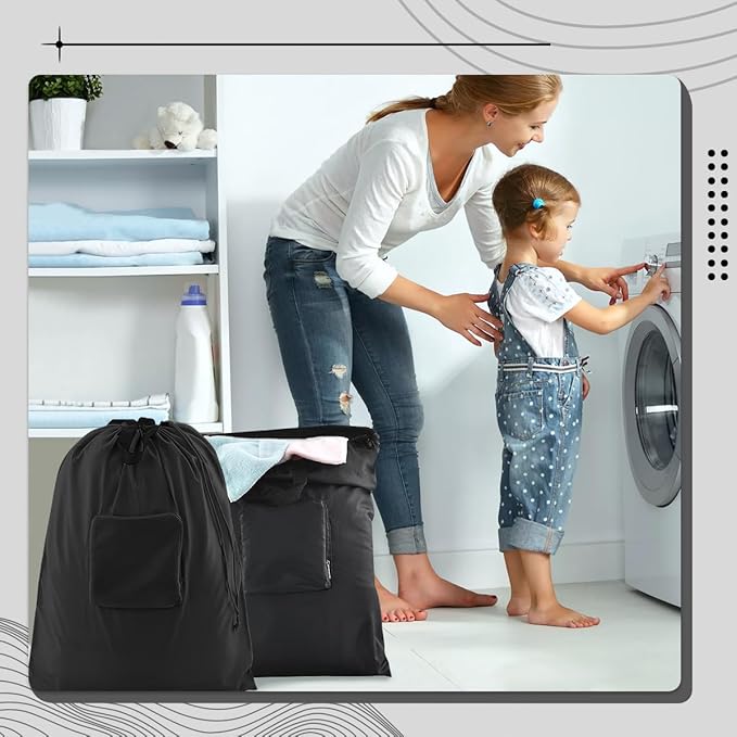 Travel Laundry bags, Dirty Clothes Travel Bag with Handles, Portable Small laundry Sack for Travelling, Suitcase, Gym, Camping (Black | 2 Pack)