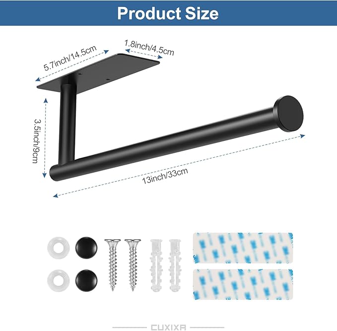 CUXIXA Paper Towel Holder Under Cabinet 2 Pack, Under Counter Paper Towel Holder Wall Mount with Self Adhesive and Screws for Kitchen, Bathroom, RV (Stainless Steel, Black)