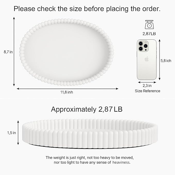 11.8in Decorative Tray for Coffee Table Decor- White Oval Concrete Tray for Home Decor- Scalloped Flat Modern Centerpieces Tray Decor for Living Room, Kitchen Dining Table, Entryway (White)