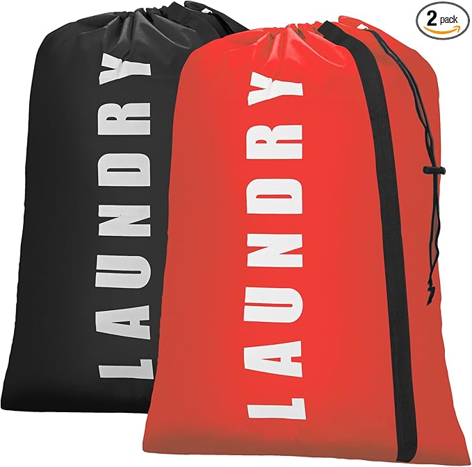 Isink Heavy Duty Laundry Bag with Strap, 2 Pack Travel Laundry Bags for Dirty Clothes, 24" x 36" Large Laundry Bag for Traveling, Camping, Dorm (Black + Red)