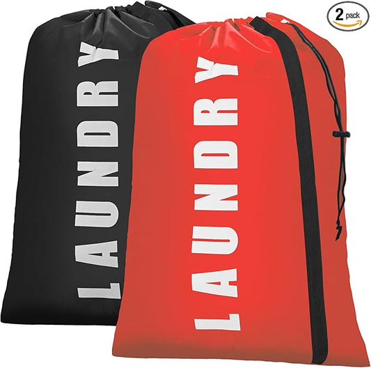 Isink Heavy Duty Laundry Bag with Strap, 2 Pack Travel Laundry Bags for Dirty Clothes, 24" x 36" Large Laundry Bag for Traveling, Camping, Dorm (Black + Red)