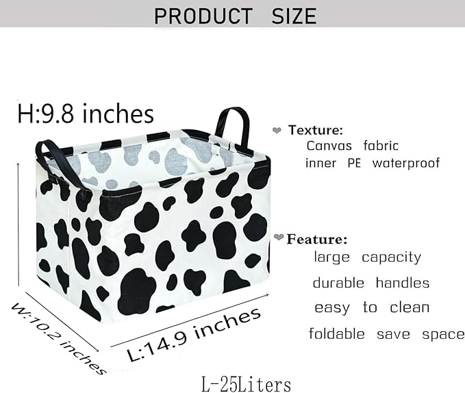 KUNRO Rectangle Storage Basket Gift Shelf Basket Storage Bin, Nursery Basket Organizer Box for With Handles for Room Deco (Cow pattern)