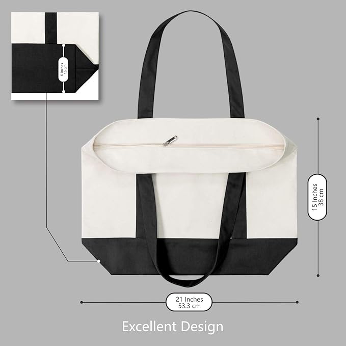 TOPDesign 1 | 3 | 6 | 30 Pack Canvas Tote Bag with an External Pocket, Reusable Grocery Shopping Bag, Top Zipper Closure, Daily Essentials (Black/Natural Pack of 1)