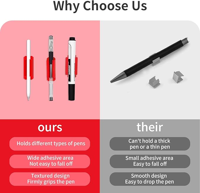 12 Pack Pen Holder for Desk, Silicone Pencil Holder with 12 Extra Adhesive Stickers, Adhesive Pen Holder & Marker Clip for Classroom Office Desk or Any Surface, Teacher Accessories Supplies (Red)