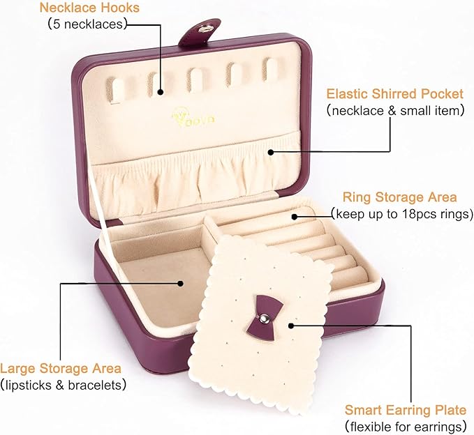 Voova Small Jewelry Organizer Box, Travel Jewelry Case for Women Teen Girls, Mini PU Leather Portable Jewellery Storage Boxes Holder with Smart Earrings Plate for Necklaces Rings Bracelets, Purple