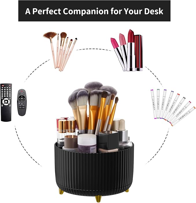 Marbrasse Desk Organizer, 360-Degree Rotating Pen Holder, Desk Organizers and Accessories with 5 Compartments Pencil Holder, Art Supply Storage Box Caddy for Office, Home (Black)