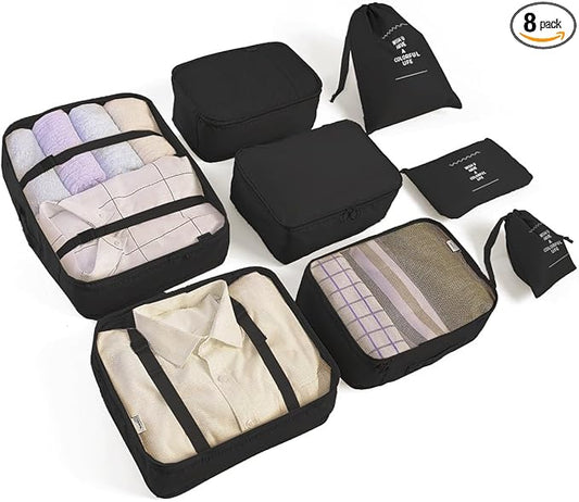 8 Set Packing Cubes for Suitcases Travel Luggage Packing Organizers, Travel Essentials Accessories Luggage Organizer with Shoe Bag Toiletry/Laundry Bag (Black)