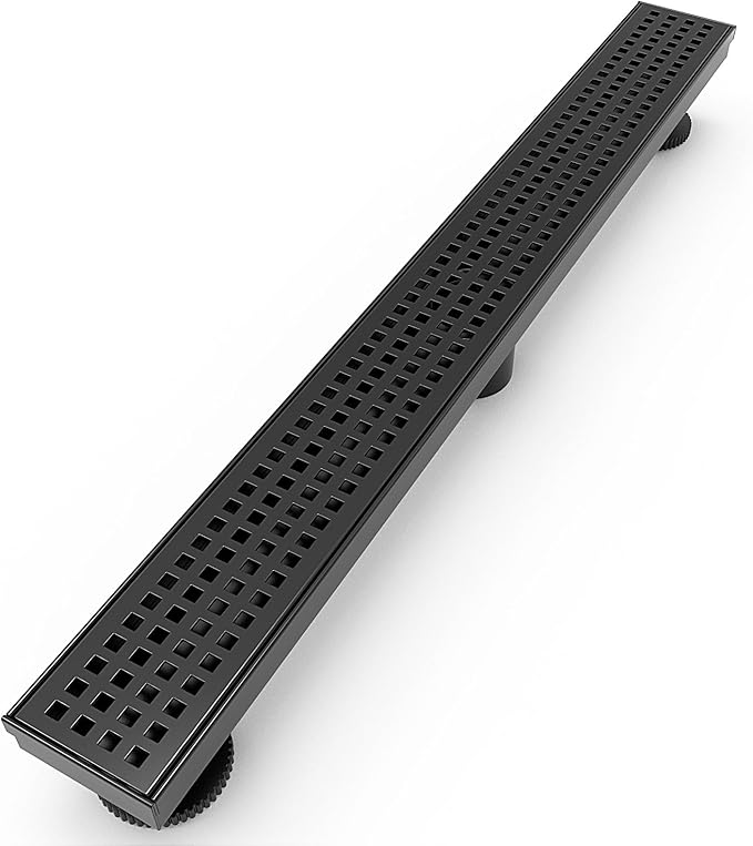 WEBANG 60 Inch Linear Shower Drain Rectangular Floor Drain with Accessories Square Hole Pattern Cover Grate Removable SUS304 Stainless Steel CUPC Certified Matte Black