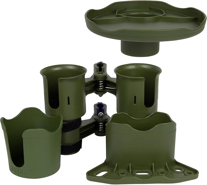 ROBOCUP, (Olive), Patented Clamp On Boat Cup Holder |Multifunction Dual Drink Caddy for Fishing Poles, Tools, Net, Gaff |Portable Storage for Boating, Beach, Umbrellas, Golf Carts, Strollers