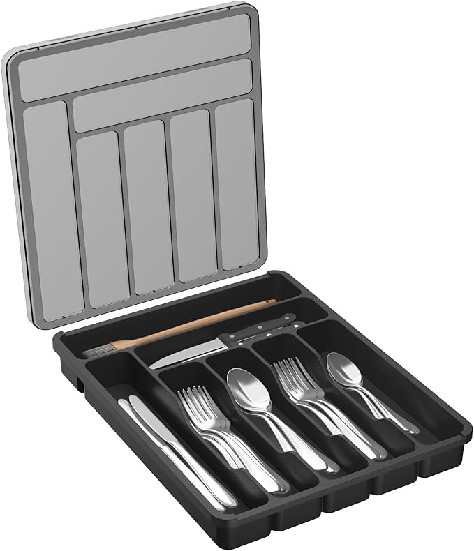 Lifewit Silverware Organizer with Lid, Covered Utensil Tray for Kitchen Drawer and Countertop, Plastic Cutlery and Flatware Storage Box for Spoons Forks Knives Holder Case, 7 Compartments, Black