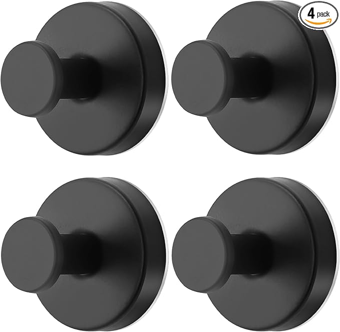 Black Waterproof Suction Cup Hooks, 4-Pack Heavy Duty Stainless Steel No Drill Shower Hooks for Hanging Towels, Robes, Loofahs, Holder Holds Strong on Tile, Glass, Mirror, Wall, Bathroom Door