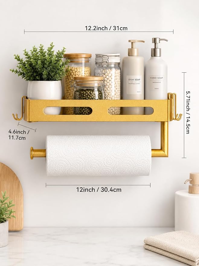 Paper Towel Holder Wall Mount with Shelf, Easy One Hand Tear, Adhesive Glue or Drill Mount Hanging Paper Towel Holder with Shelf for Kitchen/Bathroom/RV, Golden Metal, 4 Hooks