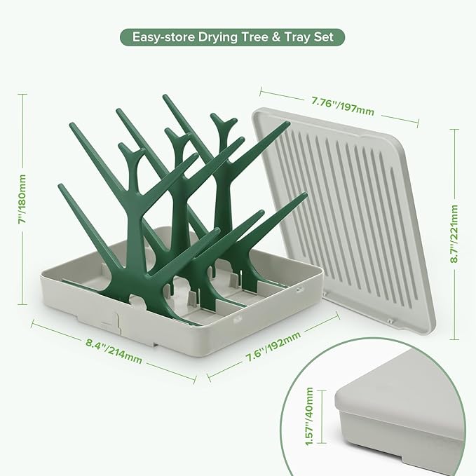 haakaa Portable Baby Bottle Drying Rack with Tray, Space Saving Bottle Drying Tree for Bottles/Pump Parts/Pacifiers,Easy-Store Dryer Rack Great for Home & Travel, BPA Free (Green)