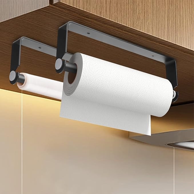 Under Cabinet Paper Towel Holder, Adhesive or Drill Mount Paper Towel Holder, Wall Mount Paper Towel Holders for Kitchen or Bathroom (Black) 2 Pack