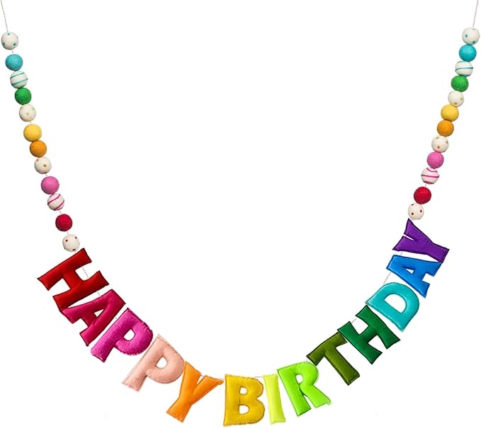 Pre-Strung Happy Birthday Banner - Handmade Felt Letters & Balls, Reusable Colorful Felt Ball Garland, Personalized Birthday Sign for Home Wall Mantles Decor Kids Rainbow Party Decorations
