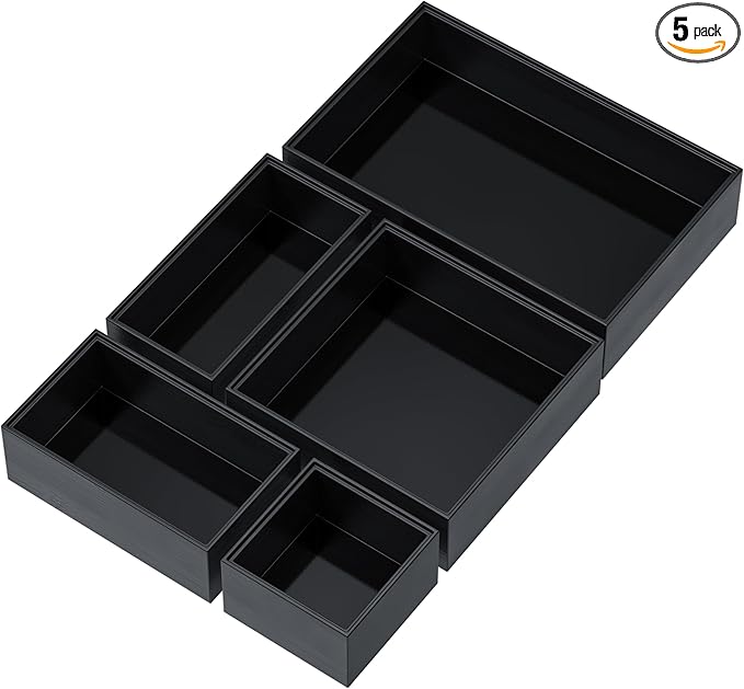 Greatseas Bamboo Drawer Organizer Set, 5 PCS Multi-use Varied Sizes Junk Drawer Organizer Kitchen Storage Box for Office, Home, Bedroom, Bathroom, Black