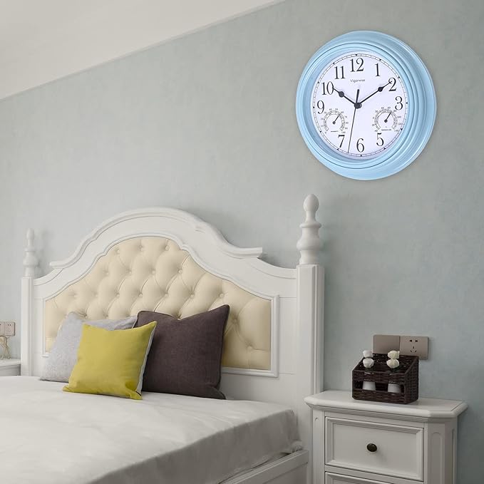 Wall Clock, Sweep Silent Movement Accurate Clocks with Temperature & Humidity, Decorative for Kitchen/Living Room/Bedroom/Office/School/Classroom (Blue, 9 inch)
