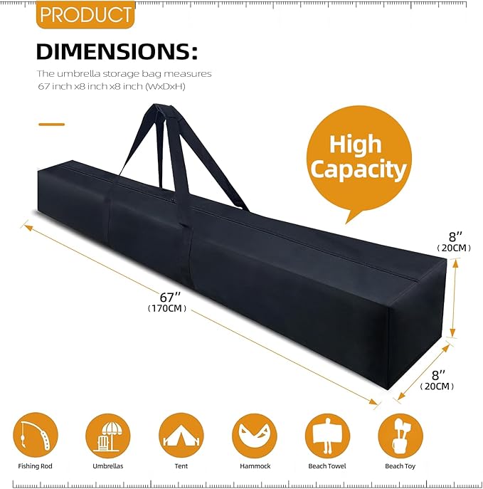 Heavy Duty Patio Umbrella Storage Bag Waterproof, 67”X8”X8” Portable Outdoor Umbrella Carrying Bag with Durable Zippers for Poolside Deck Table Cantilever Umbrella, Black