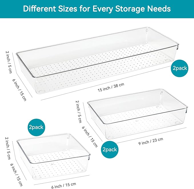 Voova 6 Pack Plastic Drawer Organizers Set, 3-Size Kitchen and Office Desk Drawer Organizer Trays, Acrylic Non-Slip Storage Bin Divider for Makeup, Jewelry, Gadgets Utensils, Bedroom, Bathroom Vanity, Clear