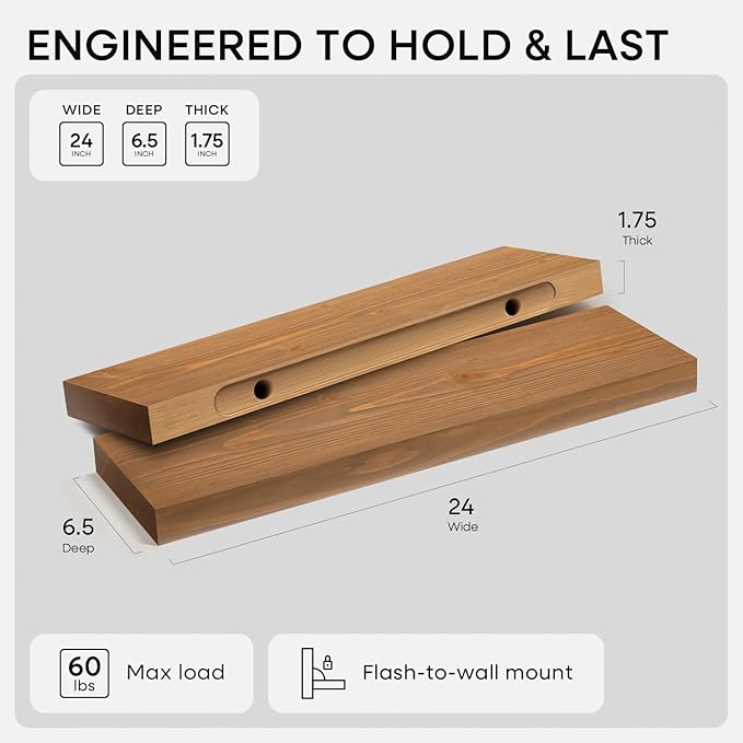 Homeforia 24 inch Golden Oak Floating Shelf, High-End Solid Real Wood 24-inch Small Floating Shelves for Wall Mounted, Oak Wooden 24-inch Floating Shelves, Heavy Duty Bracket, 24 X 6.5 X 1.75 in, Set of 2