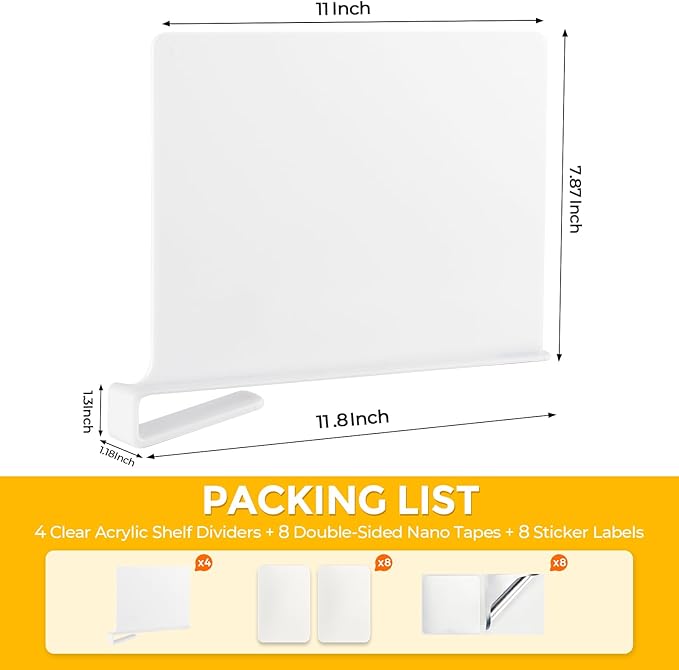 JOY DECOR 12 Pack Acrylic White Shelf Dividers for Closets Organizer and Storage Adjustable Vertical Wood Shelf Closet Separators for Clothes, Book, Bags in Bedroom and Kitchen