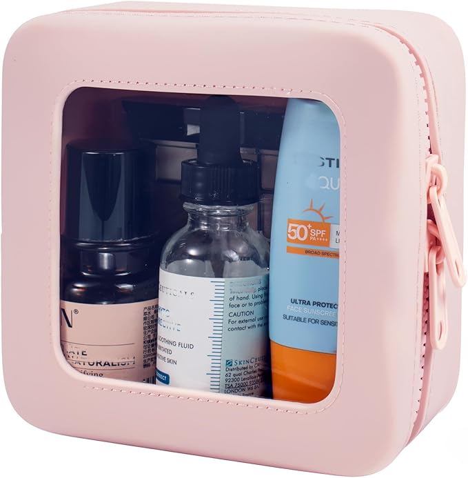 Small Clear Makeup Bag for Women, Mini Silicone Travel Cosmetic Case Waterproof Clear Make Up Pouch Purse with Zipper Cute Toiletry Bags for Traveling Car Organizer Mini Travel Essentials (Pink)