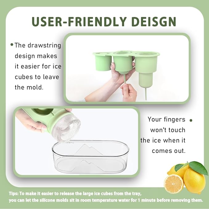 Ice Mold for Stanley Cup 30/40 Oz - Easy Fill and Release Without Touching Ice, Silicone Ice Cube Tray with Clear Lid and Bin for Freezer, Whiskey, Cocktail (Green)