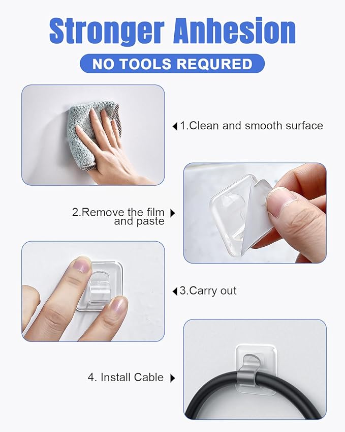 LZC Hooks for Outdoor String Lights Clips: 40 Pack Large Clear Rectangle Outdoor Light Clips Waterproof Adhesive Strips - Heavy Duty Outside Hanging Cable Rope Light Holders Organizer