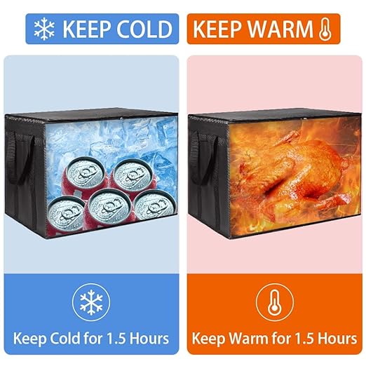 Insulated Food Delivery Bag with Hard Bottom, XXX-Large Insulated Reusable Grocery Cooler/Hot Bags, Tote Bag for Shopping/Travel, Black, 3-Pack