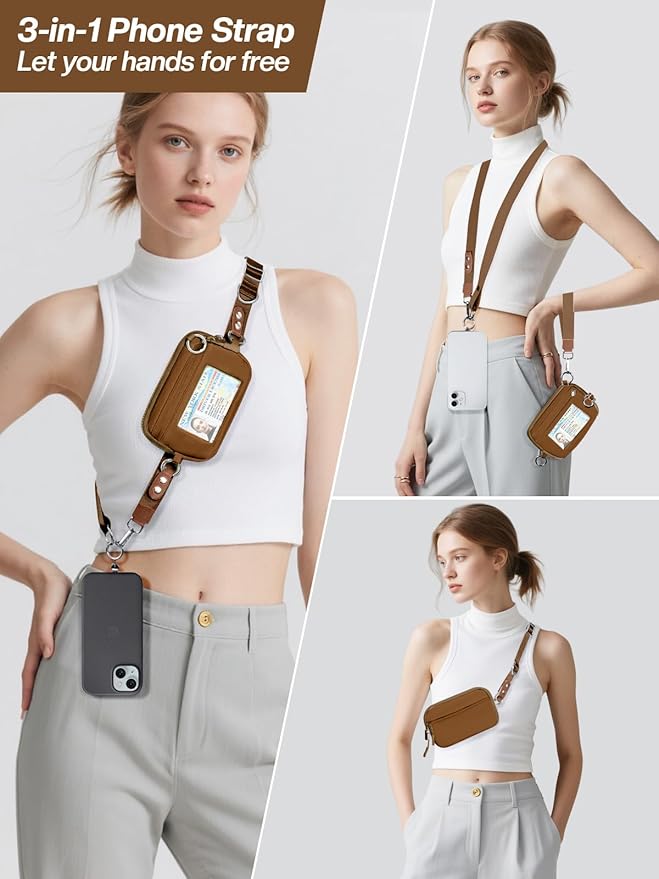 Clip and Go Strap for Phone with Wallet Crossbody Phone Lanyard Adjustable and Detachable RFID Wristlet Wallet with ID Window and Zipper, Brown Large
