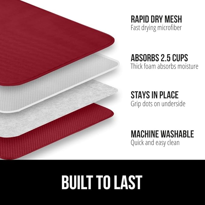 GORILLA GRIP Ultra Water Absorbent Microfiber Dish Drying Mat, 18x24, Quick Dry Thick Mesh, Slip Resistant Pad for Sink Dishes or Under Rack, Kitchen Counter Accessories, Machine Wash, 2 Pack Red