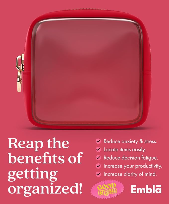 Clear Makeup Bag Zipper Pouch, Transparent Cosmetic Case Organizer, TSA Approved Travel Toiletry Case, Travel Accessories Essentials Makeup Tote for Women, Mini Cute Make up Bag for Purse - Ruby