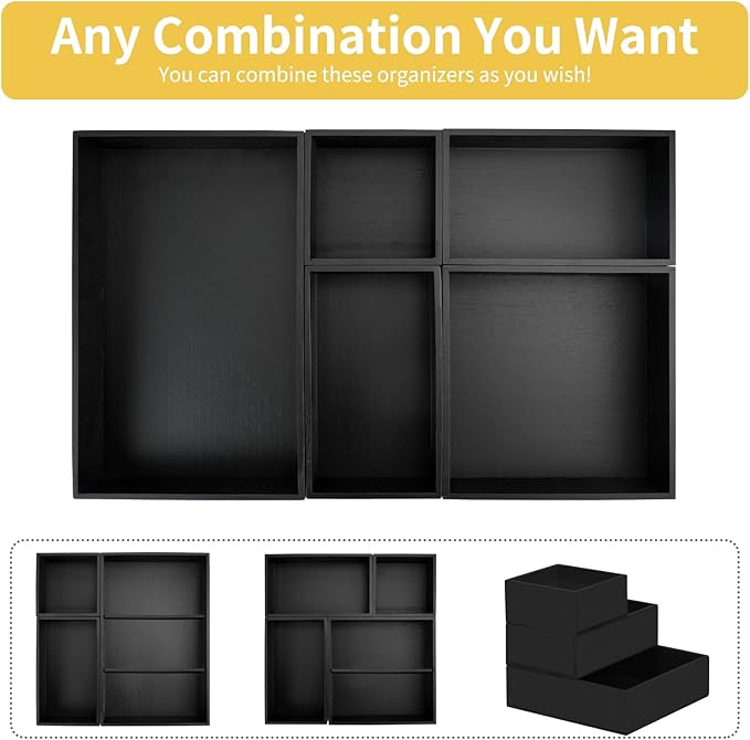 5PCS Bamboo Drawer Organizer Set with Adjustable Dividers,Stackable Kitchen Bathroom Office Desk Organizer Storage Box Container Trays for Utensils, Makeup, Silverware,Non-Slip Silicone Pads