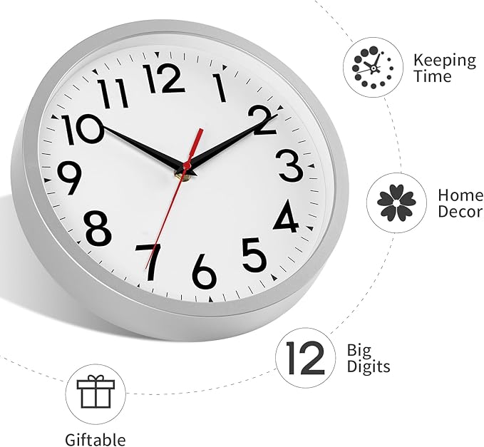 Wall Clock Modern Battery Operated 10 Inch Simple Silent Non-Ticking Decorative for Kitchen Office Outdoor Bedroom Living Room School Classroom (Silver)