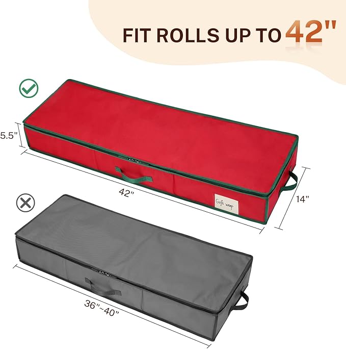 MaidMAX Christmas Wrapping Paper Storage Bag, 42 inch Gift Wrap Organizer Underbed Storage Box Container 600d Oxford Fabric Wrapping Paper Holder for Storing Rolls, Ribbons, Bows 42L x 14W x 5.5H