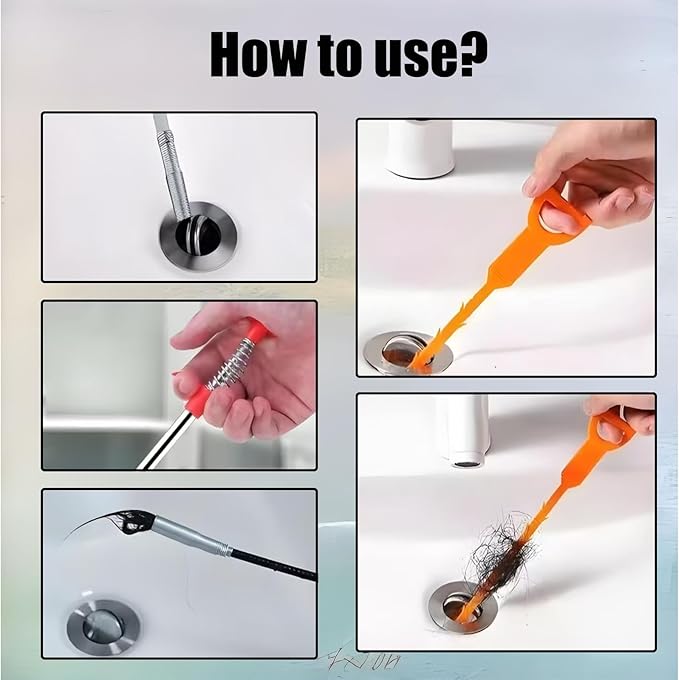 3Pcs Drain Clog Remover (Orange/Blue/Pink) and 1Pcs Four Claws Hair Catcher Drain Snake Cleaner Tool, Effective Hair Clog Remover for Toilet/Kitchen Sink/Bathroom Tub